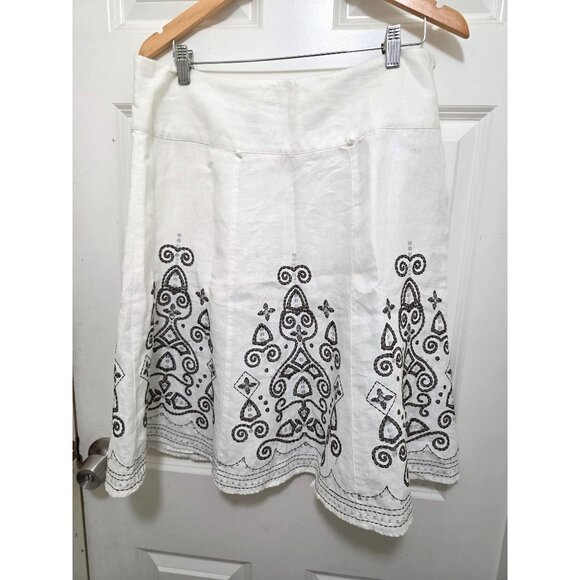 Next White A-Line 100%Linen Blend Skirt Black Embroidery Scars Next UK 14 EUR 42 - Picture 2 of 7